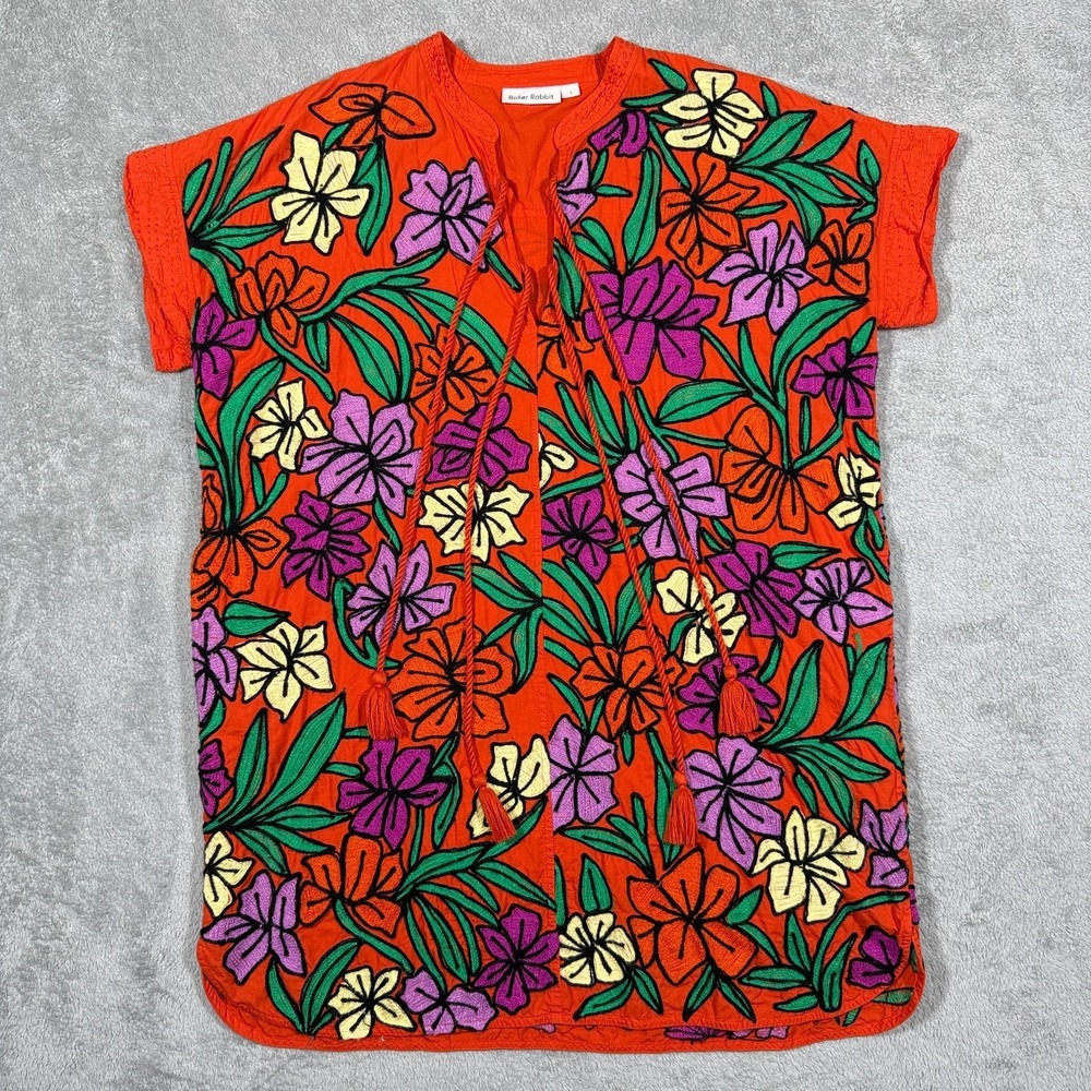 Roller‎ Rabbit Tunic Mini Dress Small Embroidered Crewel Floral Tassel Cover-Up